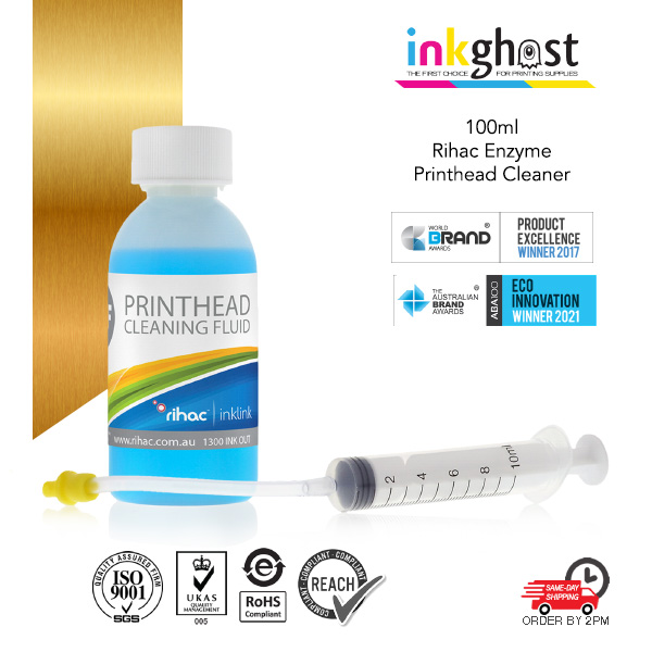 Powerful rihac enzyme print head cleaning solution for injet printers Canon HP Epson and Brother.  Will remove stubborn particles from print head of printers using dye pigment or sublimation inks